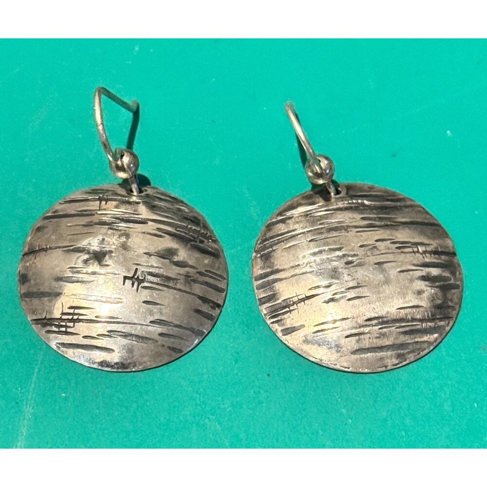 Vintage Sterling Silver Disc Earrings Signed EMD Modernist Textured Dangle Drop
